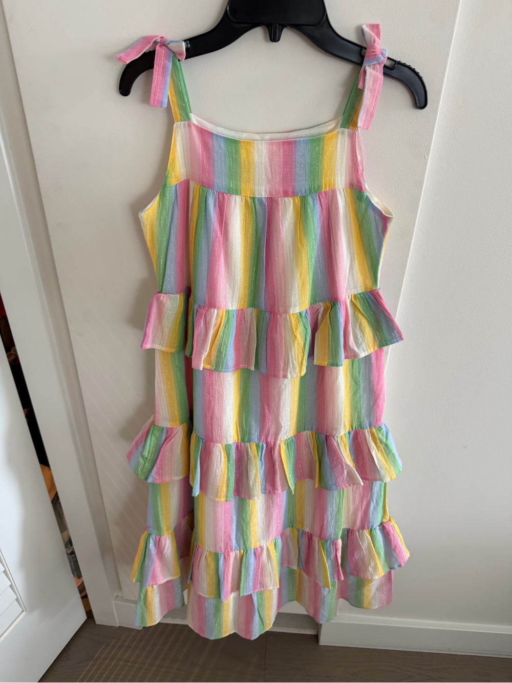 Mini Boden Pastel Rainbow Tiered Ruffle Dress w/ Gold Threading Sz 11-12, 152cm